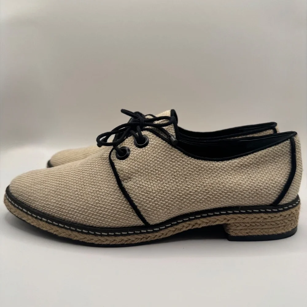 Tory Burch Beige Woven Espadrille Oxford Lace Up Flats Black Trim Women's 7.5M